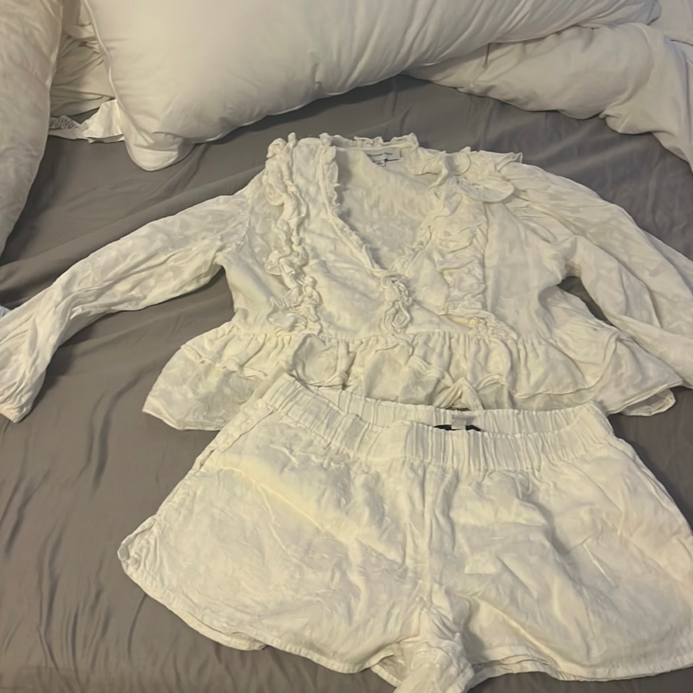 Something Navy White Ruffle V-Neck Top and Elastic Waist Shorts Set